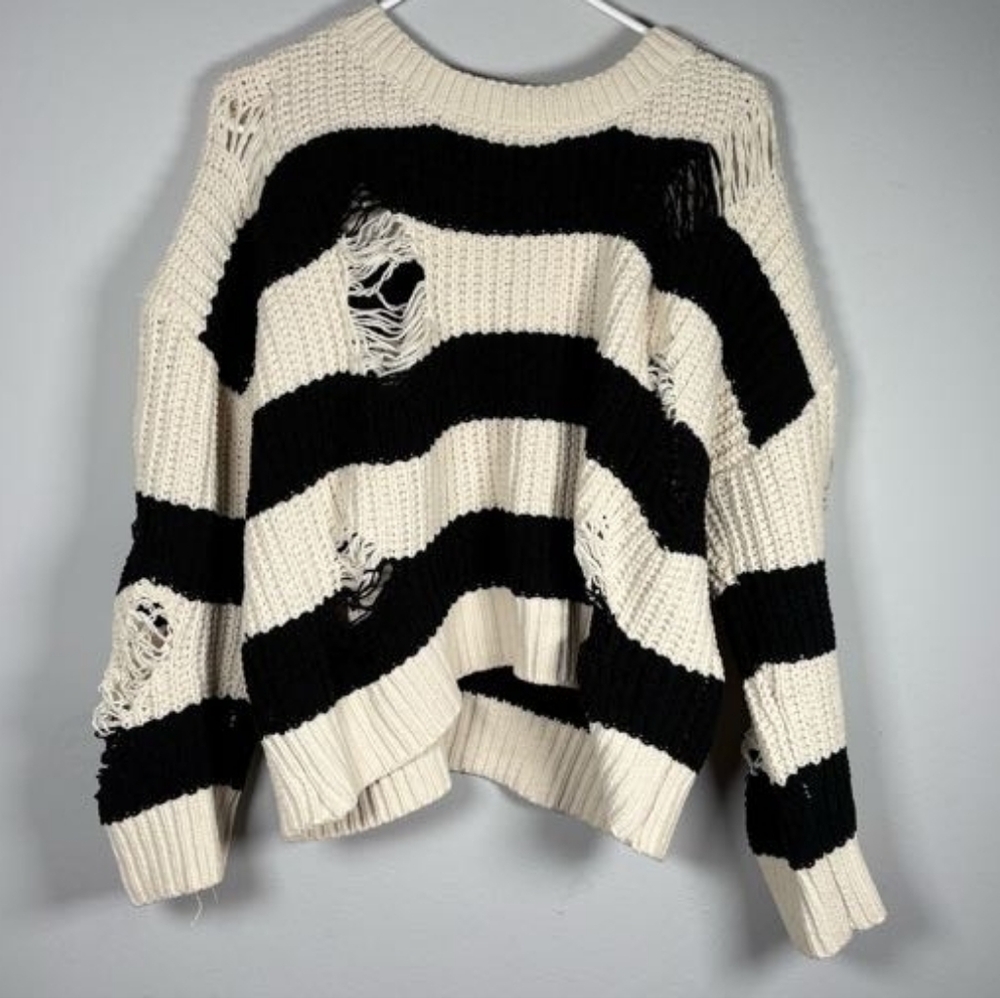 POL Cream and Black Striped Distressed Pullover Sweater Women's Size